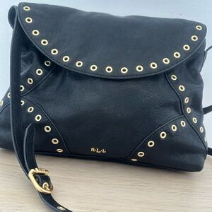 Lauren Ralph Lauren RLL Black Leather Studded Crossbody Bag Gold Hardware